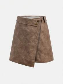 SHEIN TEENGIRL American Vintage PU Leather High Waist A-Line Mini Skirt, Design-Focused Unique Style, Slim Flattering For Petite, Streetwear, Autumn/Winter - Khaki - View 1