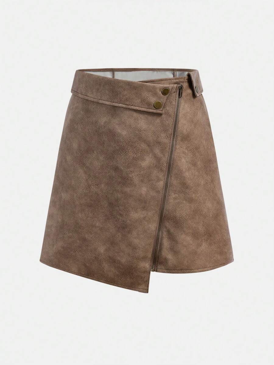 SHEIN TEENGIRL American Vintage PU Leather High Waist A-Line Mini Skirt, Design-Focused Unique Style, Slim Flattering For Petite, Streetwear, Autumn/Winter - Khaki - View 1