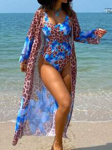 SHEIN Swim 2pcs Swimsuit Set: Tropical Print Kimono Cover Up + Sexy Leopard & Hibiscus Blue Flower Two-Piece Swimwear Suit For Beach Holiday For Summer Beach Vacation - Multicolor - View 3
