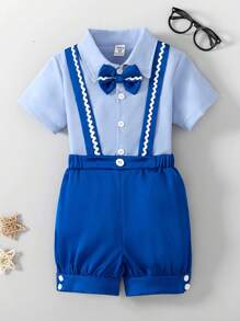 Young Boy Bow Tie Shirt & Bib Shorts 2Pcs Suit Set, Gentleman Style Outfit Suitable For Casual Gathering, Outdoor Picnic And More - Multicolor - View 3