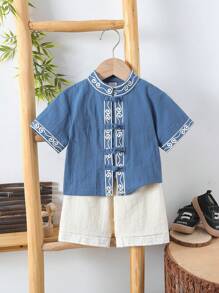 男宝宝夏季休闲装，简约印花短袖前开唐装上衣+纯色短裤，时尚百搭，宽松版型，适合户外玩耍、居家休闲、轻度运动 - 彩色 - 查看 7