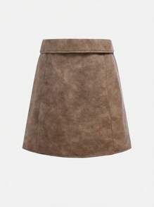 SHEIN TEENGIRL American Vintage PU Leather High Waist A-Line Mini Skirt, Design-Focused Unique Style, Slim Flattering For Petite, Streetwear, Autumn/Winter - Khaki - View 2