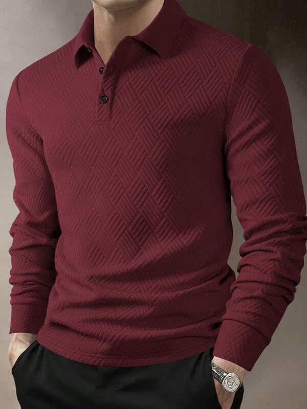 Manfinity Mode Men's Casual Plain Textured Long Sleeve Polo Shirt Polo Shirt For Men, For Fall