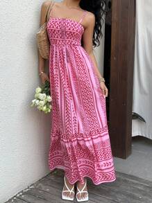 SHEIN Unity Women's Long Dress With Spaghetti Straps, Minimalist Fashion Suitable For Summer. Bohemian Style. - Red - View 6