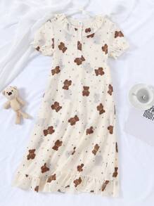 1 Pc Girls Bear Heart Star Print Short Sleeve Sleepwear Dress, Home Wear,Summer,Travel - Multicolor - View 4