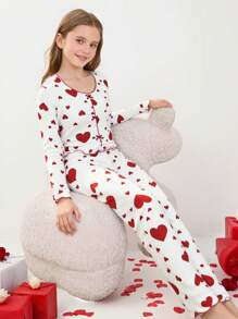 2pcs Tween Girl Pajamas Set - Long Sleeve Shirt And Matching Pants. Designed With Varied Size Heart Prints And Bow Decors, Red - White - View 4