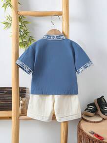 男宝宝夏季休闲装，简约印花短袖前开唐装上衣+纯色短裤，时尚百搭，宽松版型，适合户外玩耍、居家休闲、轻度运动 - 彩色 - 查看 2