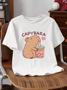 INAWLY 女士白色水豚印花圆领短袖休闲修身 T 恤 - 白色 - 查看 1