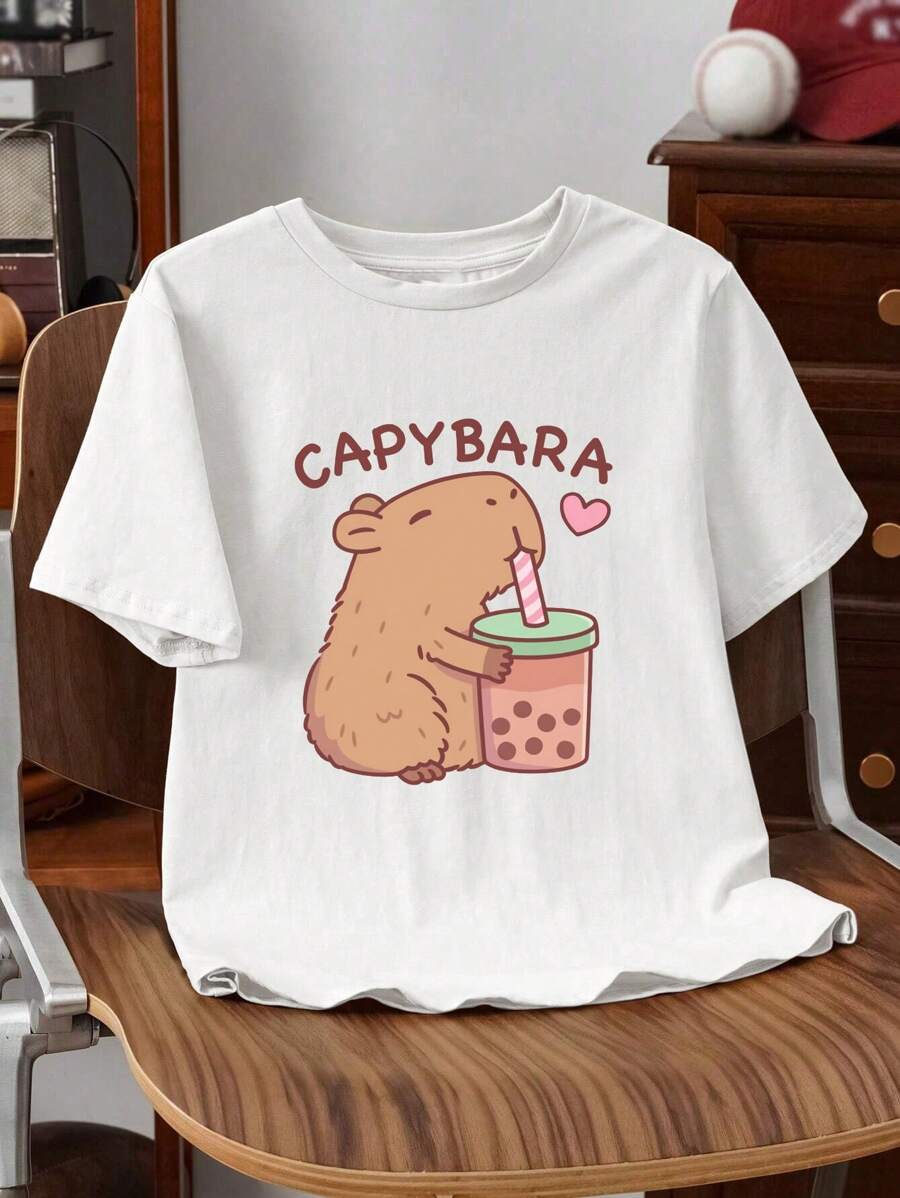 INAWLY 女士白色水豚印花圆领短袖休闲修身 T 恤 - 白色 - 查看 1