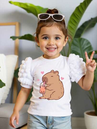 SHEIN Young Girl Casual Cute Graphic Round Neck Short Sleeve T-Shirt, Suitable For Summer Summer Holiday
