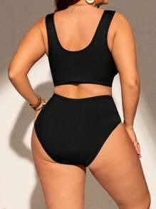 Swim Lushoire Plus Size Women Ribbed Floral Decorated Adjustable Strap Bikini Set, Beach Vacation Swimwear For Summer