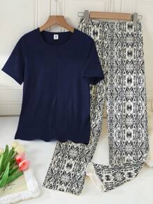2pcs/Set Tween Boy Navy Blue Solid Color Round Neck Short Sleeve Top Paired With Patterned Long Pants, Fashionable & Comfortable Knit Fabric Short Sleeve Pajama Set - Multicolor - View 3