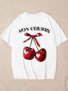 大码女式樱桃字母印花圆领落肩宽松休闲 T 恤，夏季可爱上衣 - 白色 - 查看 5