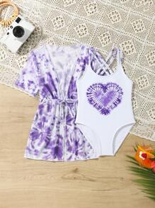 2pcs/Set Young Girl Swimsuit, Tie-Dye Heart Shaped With Adjustable Strap One-Piece Swimsuit & Cover-Up - Purple - View 6