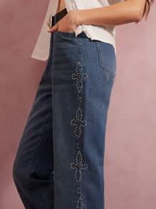 WESTFADE Jeans de mezclilla de tiro alto con vuelo holgado y tachuelas al estilo occidental para festivales de música, estilo vaquera de Nashville
