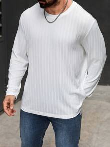 Manfinity Homme Plus Size Men's Solid Color Round Neck Long Sleeve Ribbed Casual T-Shirt, Autumn - White - View 3