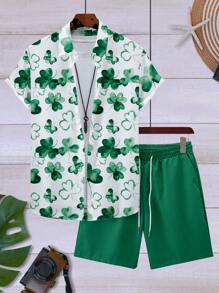 Manfinity Homme Heren Casual Clover Print Korte Mouw Enkelrijs Shirt En Shorts Set Voor Vakantie