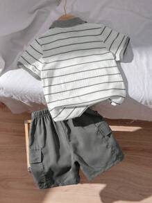 SHEIN 2pcs/Set Young Boy Textured Stripe Polo Collar Outfit - T-Shirt And Pants, Summer