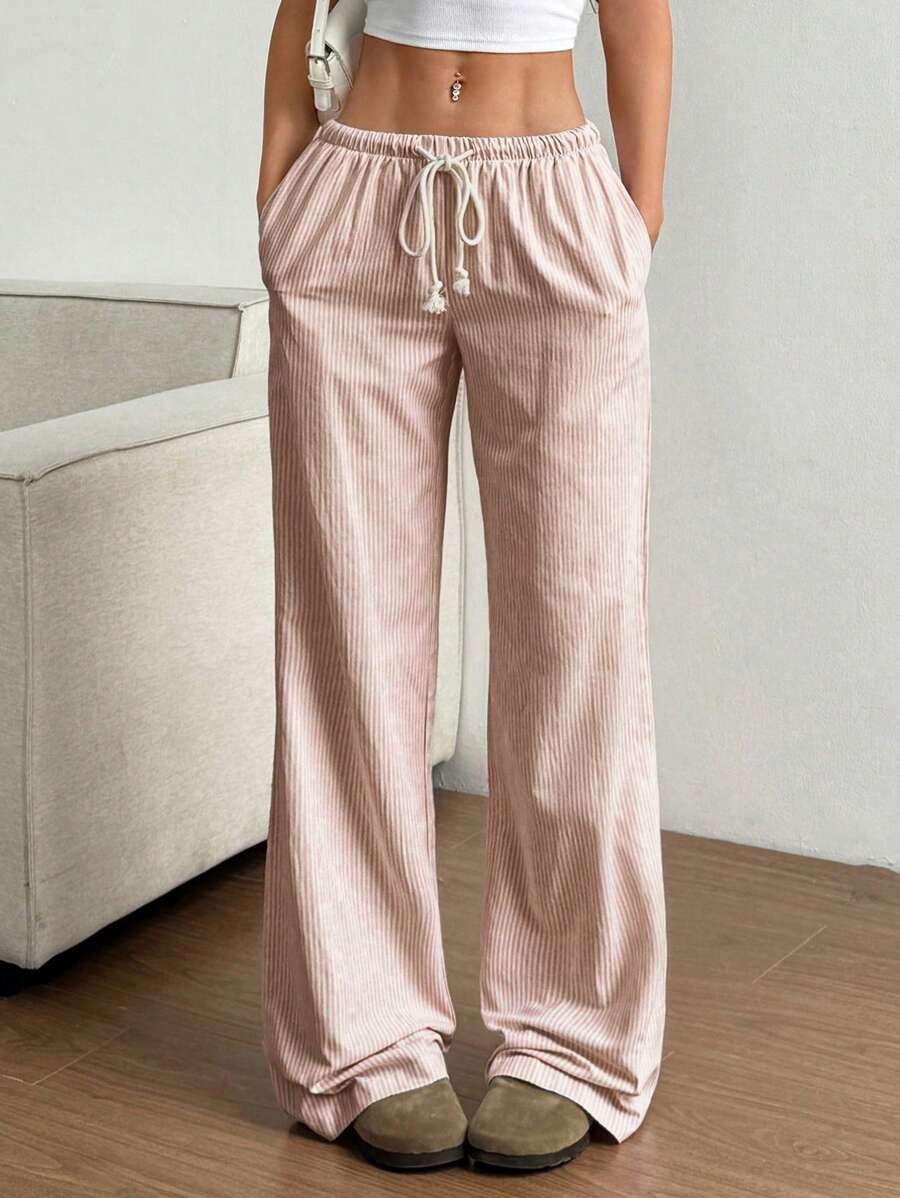 Flirla Women's Pink Cotton Low Waist Drawstring Tie Straight Leg Pants, Casual & Stylish For Spring Home Wear - Khaki - View 1