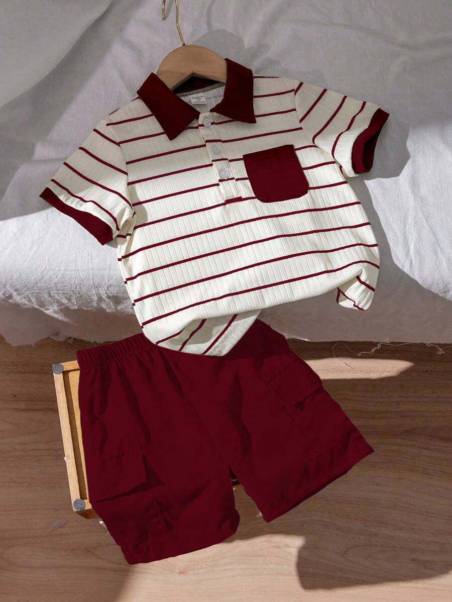 SHEIN Genkimix Kids 2pcs Young Boy Summer Textured Striped Polo Collar Top And Cargo Pants Set - Burgundy - View 1