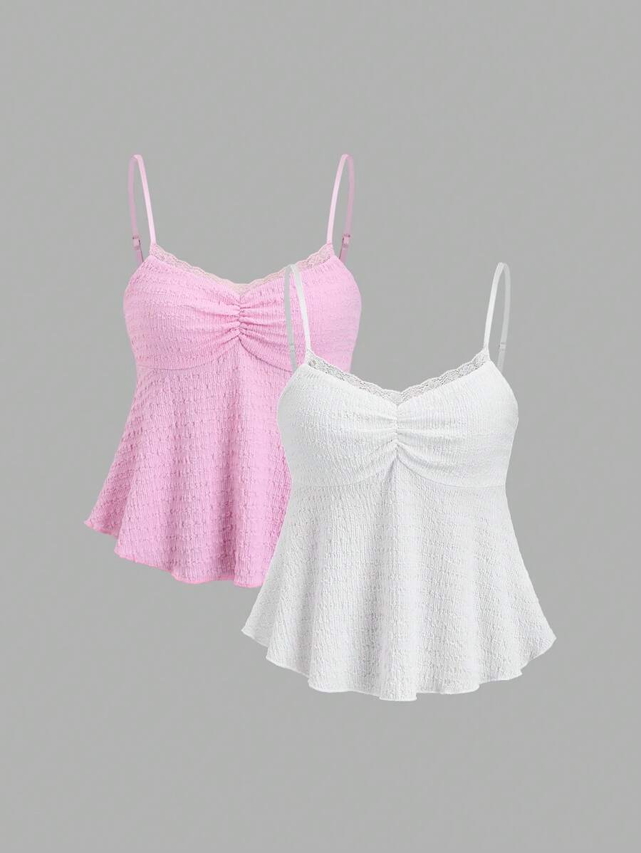 Sweetra Nuevo conjunto de camisetas sin mangas de mujer con volantes, encaje texturizado y patchwork en blanco y rosa