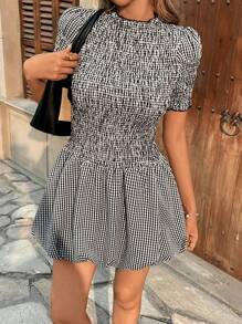 Chiquease Ruffle Hem Plaid Puff Sleeve Mini Dress - Black - View 5