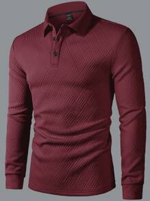 Manfinity Mode Men's Casual Plain Textured Long Sleeve Polo Shirt Polo Shirt For Men, For Fall - Burgundy - View 6