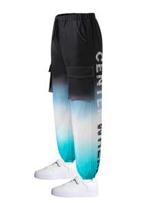 Teen Boy Pants Casual Printed Long Trousers, Contrast Gradient Letter & Gradient Print, Elastic Waist, Everyday Wear, Loose Street Style