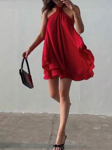 女士纯色 3D 花卉装饰宽松吊带短裙 - 紅色 - 查看 5