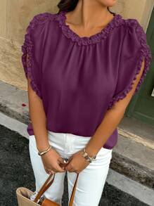 Plus Size Women's Casual Solid Color Ruffle Trim Short Sleeve Loose Blouse - Purple - View 6