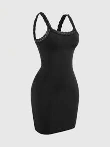 Women's Solid Color Contrast Lace Fashion Spaghetti Strap Bodycon Dress - Black - View 1