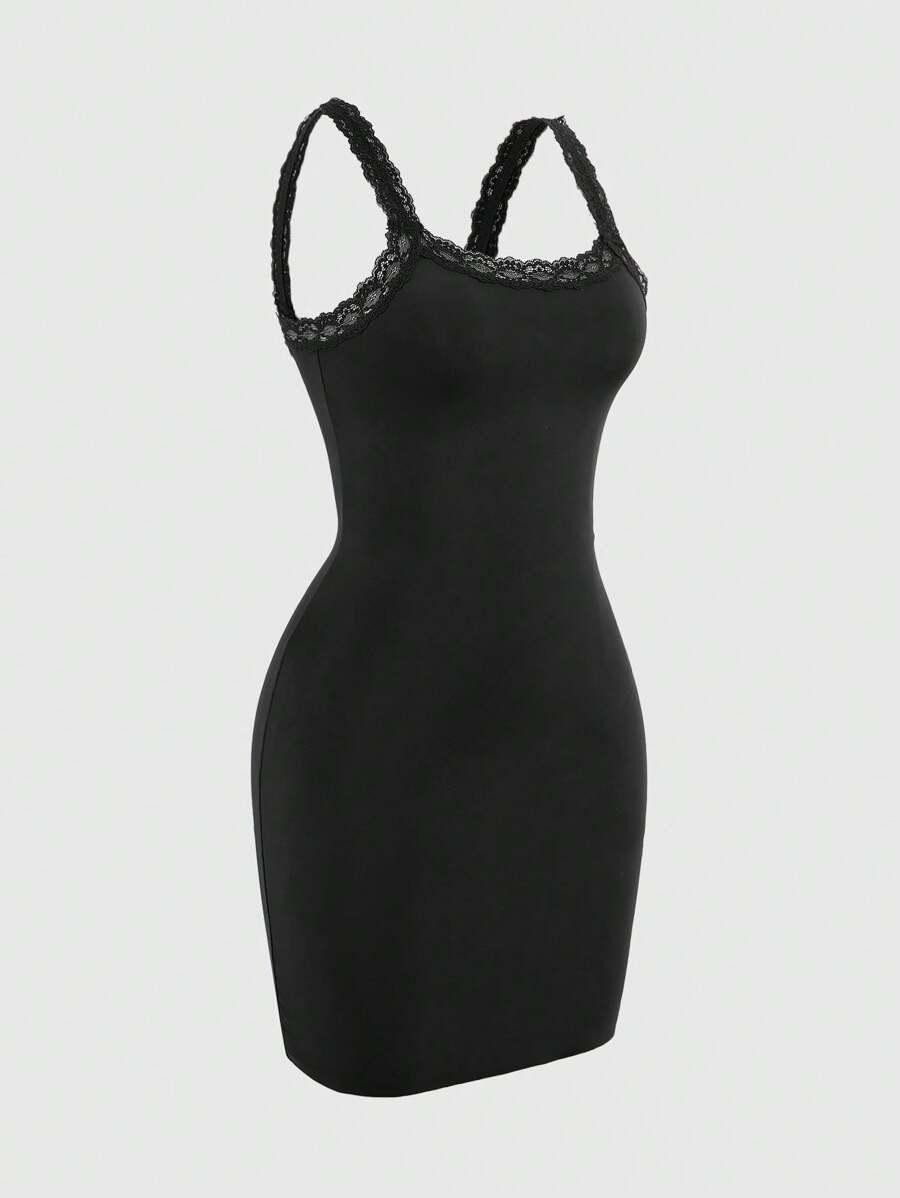 Women's Solid Color Contrast Lace Fashion Spaghetti Strap Bodycon Dress - Black - View 1