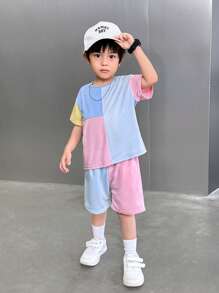 SHEIN 2pcs/Set Young Boys Casual Comfortable Versatile Contrast Color Patchwork Short Sleeve Top And Shorts