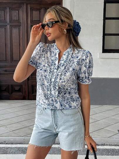 Pariaura Blusa casual de verano para mujer con estampado, cuello redondo, manga abultada y en estilo francés elegante tejido