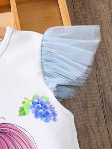 Holiday,Summer,TravelTween Girls Cartoon Print Round Neck Mesh Cap Sleeve Cute Dress - Blue - View 3