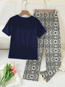 2pcs/Set Tween Boy Navy Blue Solid Color Round Neck Short Sleeve Top Paired With Patterned Long Pants, Fashionable & Comfortable Knit Fabric Short Sleeve Pajama Set - Multicolor - View 2