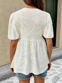 SHEIN Maternity Textured Tie Front Puff Sleeve Ruffle Hem Shirt