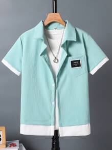 SHEIN Tween Boy's Colorblock Patched Short Sleeve Shirt, Summer - Green - View 4