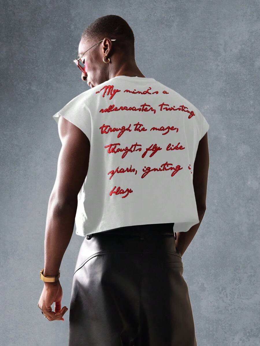 SUMWON Modern Artistic Statement Tank Top Sleeveless Crop Top Urban Poetry Print Summer Athletic Workout Performance Vest Street Fashion Festival Concert - White - View 1