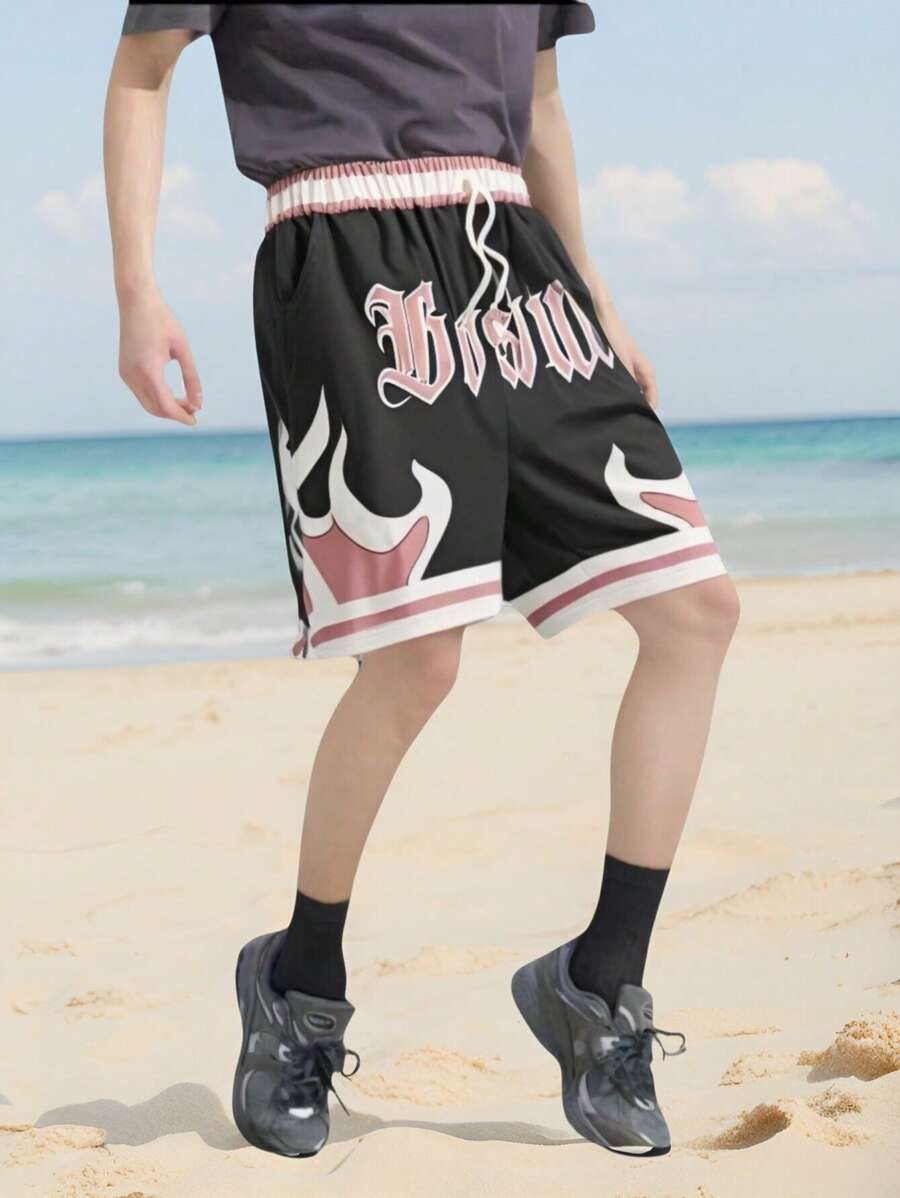 Flame Print & Boston Print Boy's Shorts With Decorative Drawstring Waist, Suitable For School, Street And Other Occasions - Multicolor - View 1