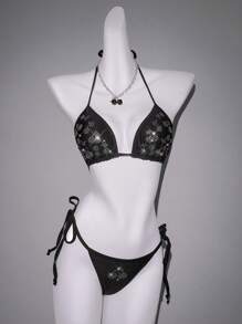 SHEIN ICON Top de bikini de mujer con cuello de halter y adornos de rhinestone, para el verano y las vacaciones en la playa