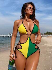 Swim SXY Springbreak Women Beach Wear Summer Outfits, Solid Color Splice Halter Hollow Circle Strap Side Tie Sexy One Piece Festival Boho Swimsuit