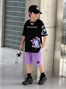 SHEIN Bộ đồ thể thao 2 món cho bé trai tuổi mới lớn - Áo phông in khẩu hiệu và quần short - Màu Lilac Tím - Xem 2