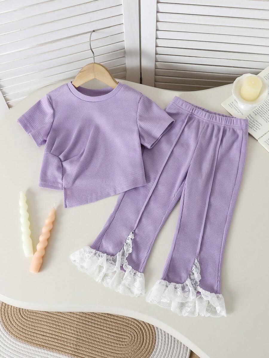 2 件套年轻女孩纯色不对称下摆短袖上衣和蕾丝拼接长裤 - 紫色 - 查看 1