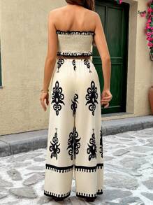 SHEIN 孕妇宽松露肩抹胸和阔腿裤两件套，休闲度假 - 卡其色 - 查看 2