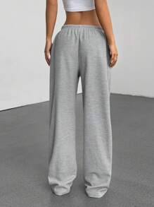 SHEIN Unity 灰色华夫格针织低腰抽绳系带斜口袋直腿阔腿运动裤，超柔软舒适，时尚简约休闲街头服饰，女士春夏