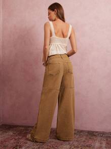 WESTFADE Jeans vaqueros de tiro medio con botones a presión, dobladillo dividido, pierna recta suelta y estilo utilitario western de primavera - Marrón - Ver 4