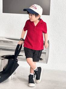 SHEIN 1件年輕男孩休閒學院風短袖襯衫，舒適、時尚、簡約、實用、可愛紋理面料，透氣舒適 - 紅色 - 查看 4