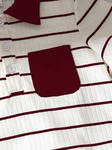 SHEIN Genkimix Kids 2pcs Young Boy Summer Textured Striped Polo Collar Top And Cargo Pants Set - Burgundy - View 5