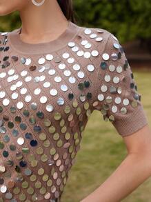 Anewsta Elegant Novelty Embellished Sequin Knit Short Sleeve Sweater, Spring/Summer Casual - Khaki - View 3